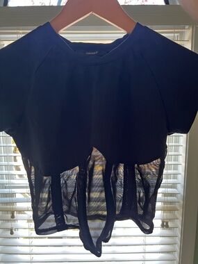Forever 21 Black Mesh Corset Style Crop Top Short Sleeve Size S